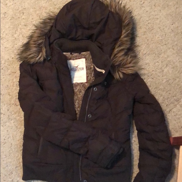 brown padded coat with fur hood